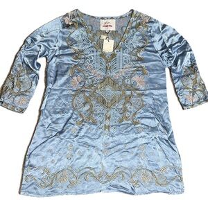 Johnny Was Biya Sinnah Satin Blouse Embroidered Denim Blue Small